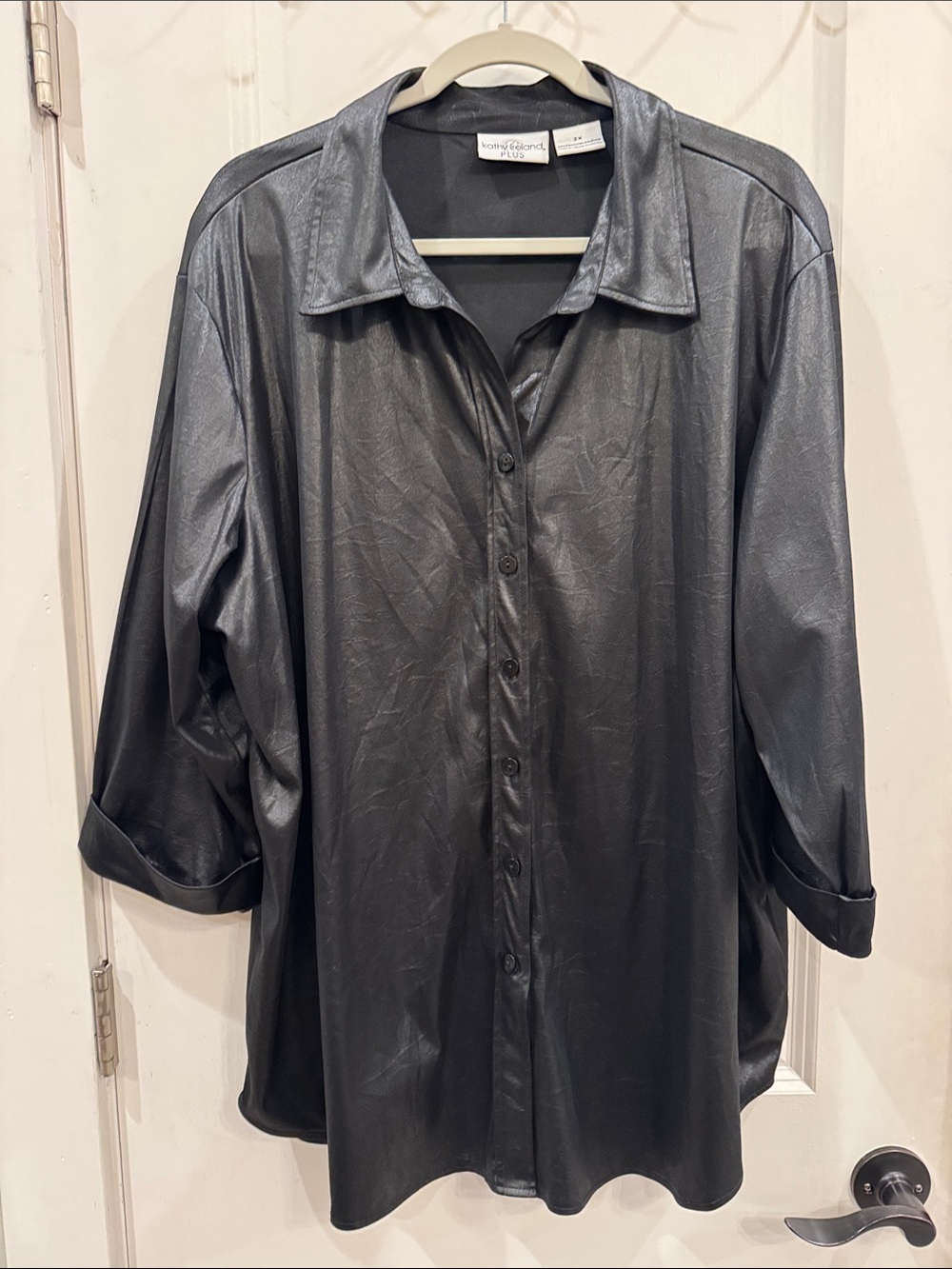 Kathy Ireland Plus Vintage Women’s Black Faux Leather Metallic Button Up Shirt